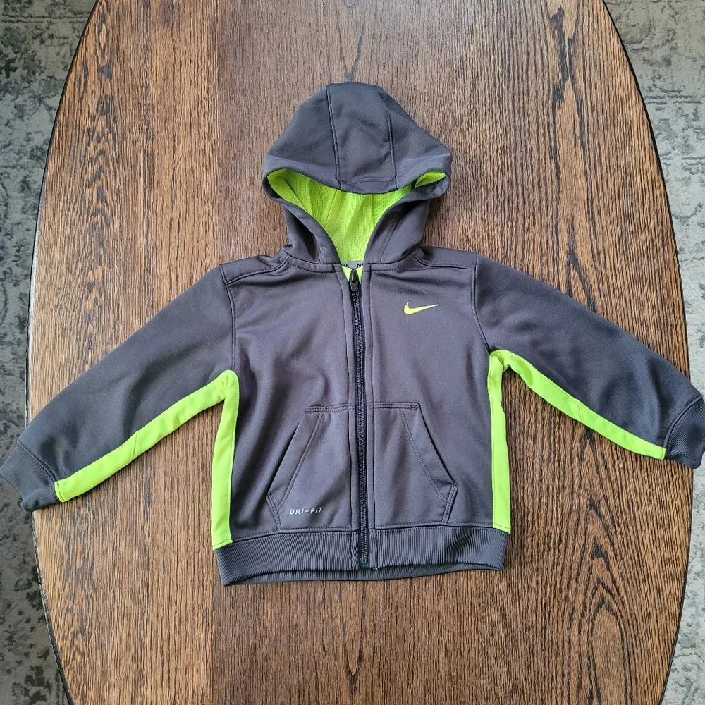 Nike Dri-Fit Gray and Neon Yellow Logo Zip Up Hooded Jacket Size Boys 24 Months